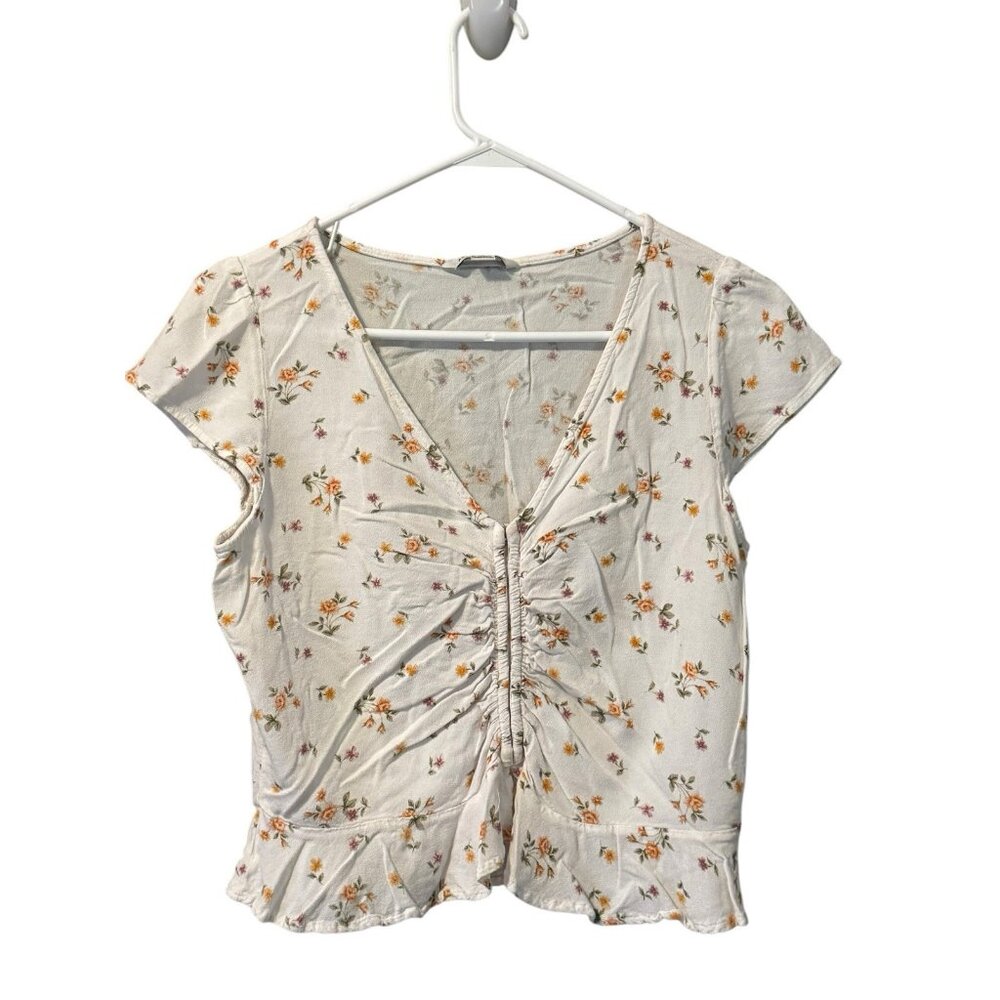 American Eagle Shirt Womens Medium White Short Sleeve V Neck Hook & Eye Closure
